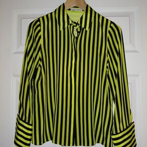 Alice + Olivia Neon Yellow and Black Vertical Stripe Button-Down Shirt